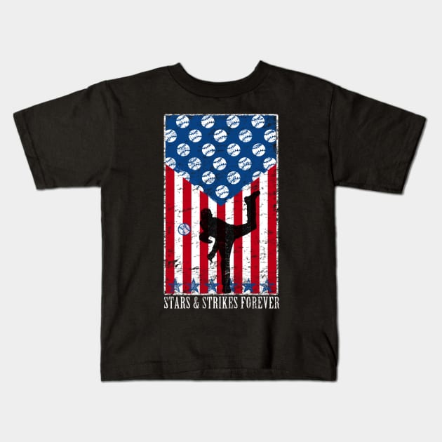Stars and Strikes Forever Baseball Pitcher American Flag Kids T-Shirt by TeeCreations
